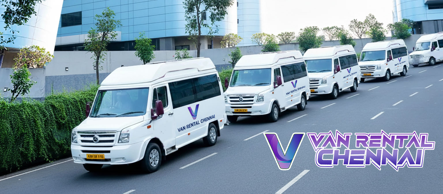 Van Rental Chennai fleet of white Tempo Travellers lined up on a Chennai road